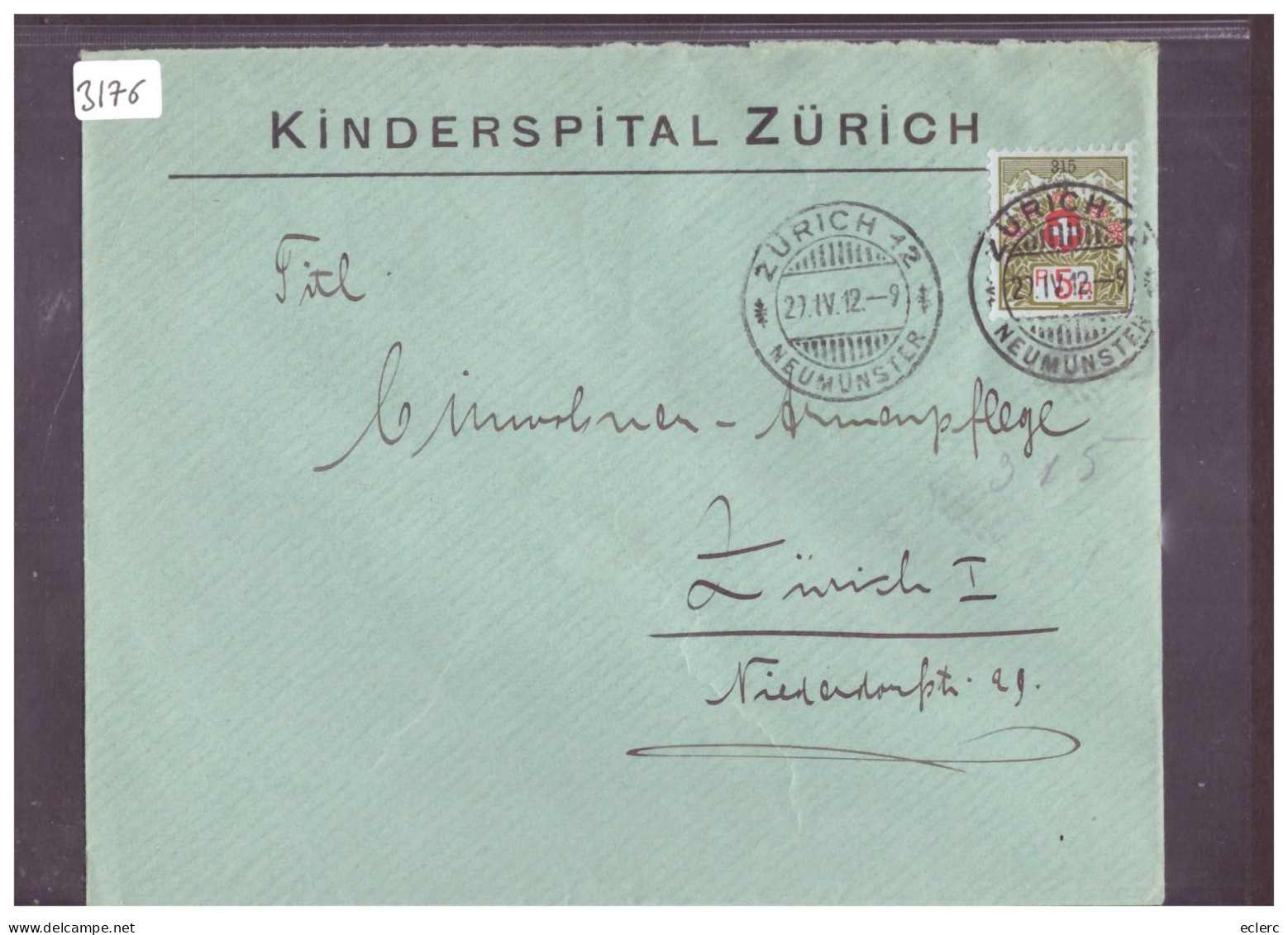 LETTRE A ENTETE - KINDERSPITAL ZÜRICH - TIMBRE DE FRANCHISE No 315 - Franchigia