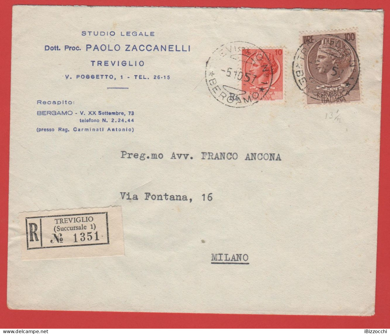 ITALIA - Storia Postale Repubblica - 1957 - 100 Antica Moneta Siracusana + 10 Antica Moneta Siracusana - RACCOMANDATA - - 1946-60: Storia Postale