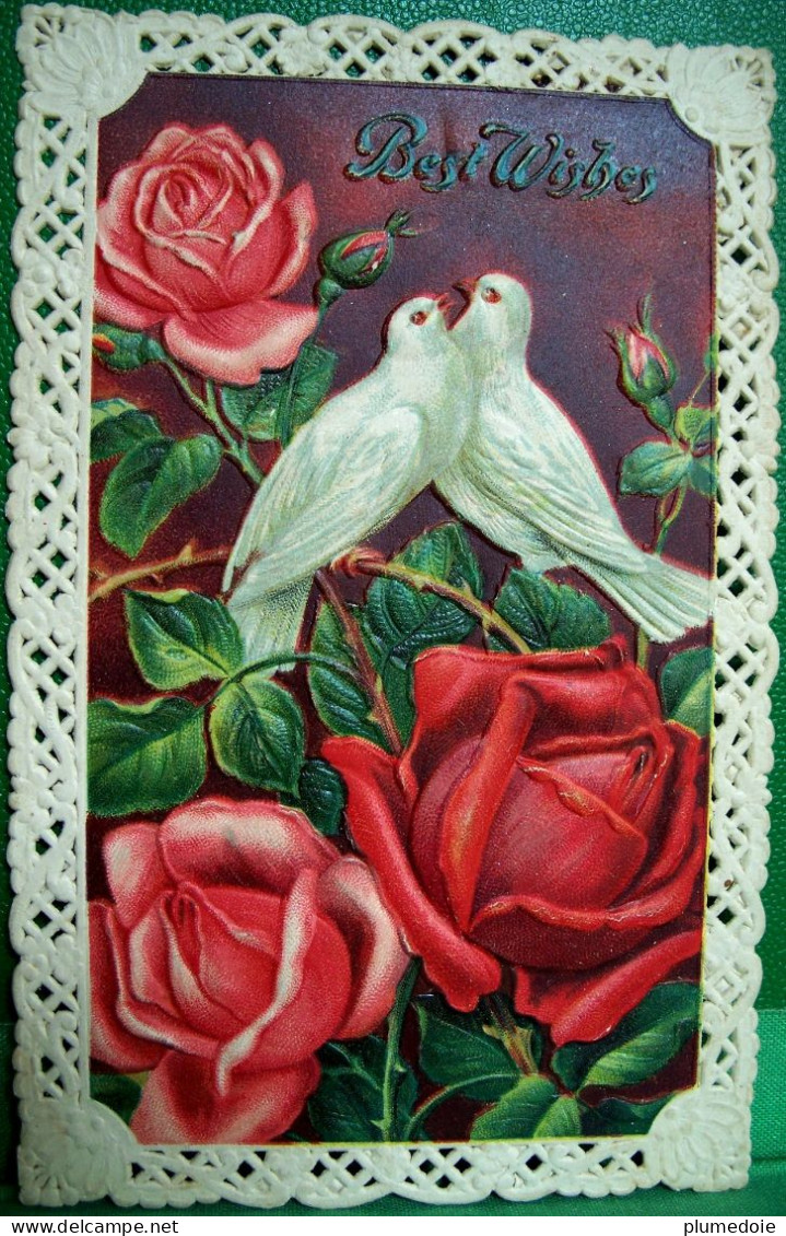 CPA  Gaufrée BELLES FLEURS 2 OISEAUX Cadre Dentelle, ROSES , COLOMBES , 1914, FLOWERS DOVE LACE FRAMED EMBOSSED  OLD PC - Fleurs