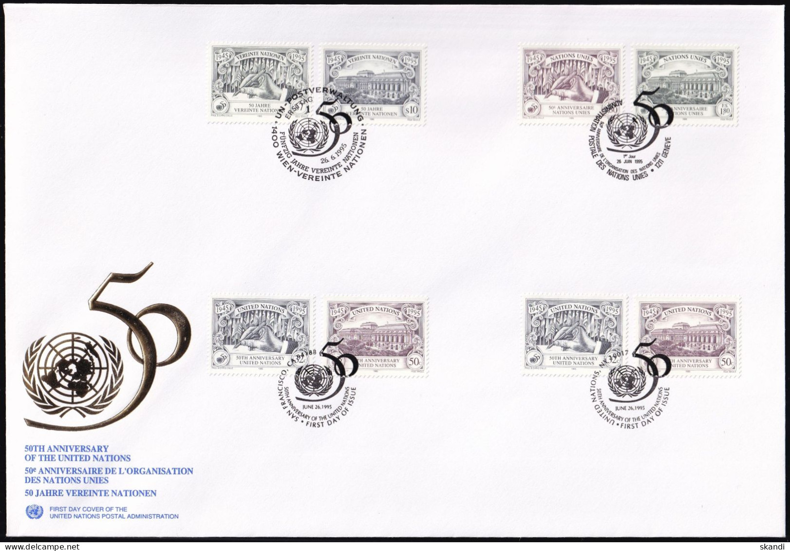 UNO NEW YORK - WIEN - GENF 1995 TRIO-FDC 50 Jahre Vereinte Nationen - Gemeinschaftsausgaben New York/Genf/Wien