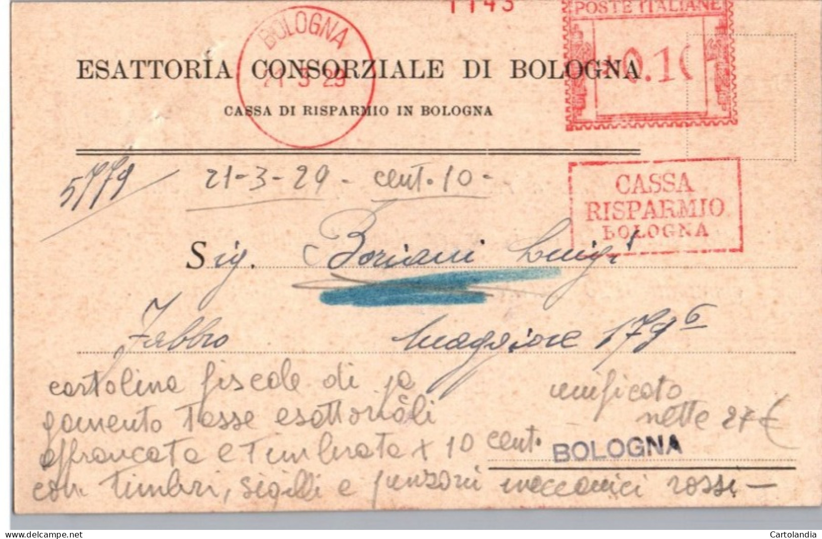 ITALIA 1929-   Annullo Meccanico Rosso (EMA) Cassa Di Risparmio Bologna - Macchine Per Obliterare (EMA)