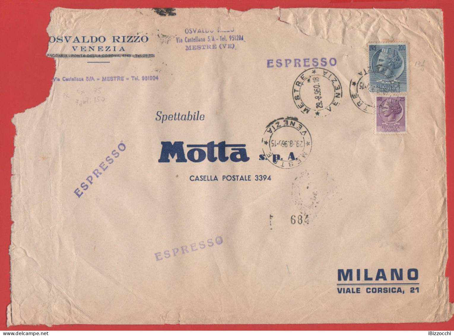 ITALIA - Storia Postale Repubblica - 1960 - 200 Antica Moneta Siracusana + 25 Antica Moneta Siracusana - Espresso - MOTT - 1946-60: Poststempel