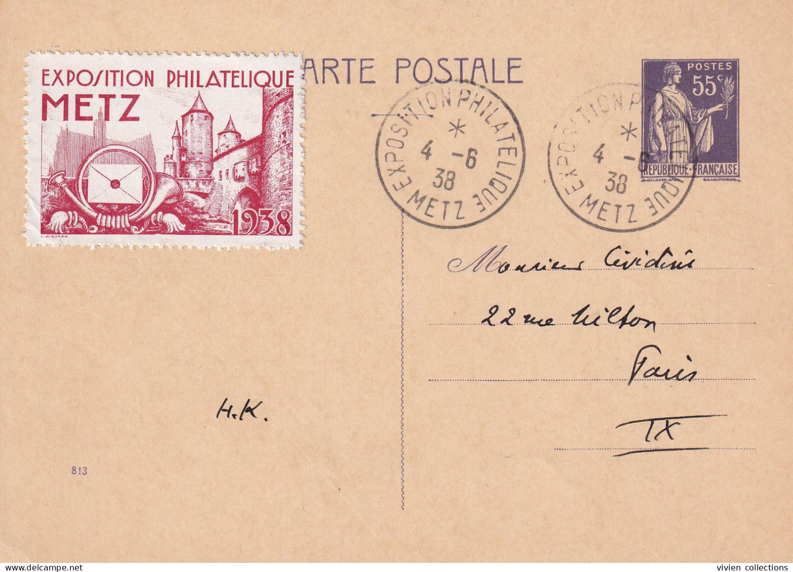 Metz (57 Moselle) Exposition Philatélique De 1938 Entier Postal Type Paix Avec Vignette - Tijdelijke Stempels