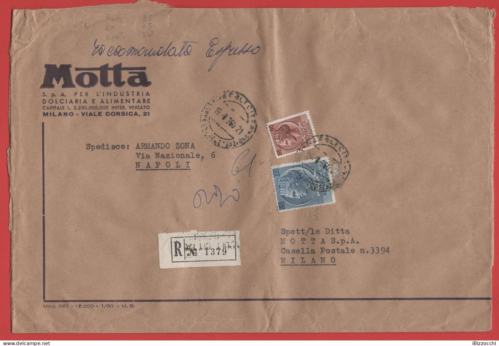 ITALIA - Storia Postale Repubblica - 1960 - 200 Antica Moneta Siracusana + 90 Antica Moneta Siracusana - RACCOMANDATA - - 1946-60: Marcofilie