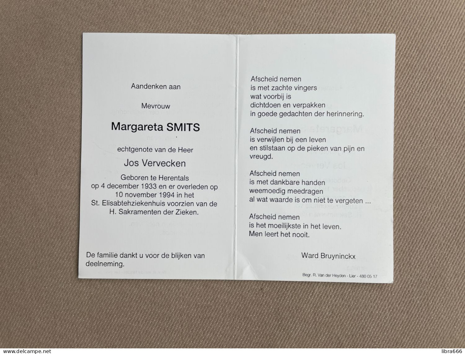 SMITS Margareta °HERENTALS 1933 +HERENTALS 1994 - VERVECKEN - Décès