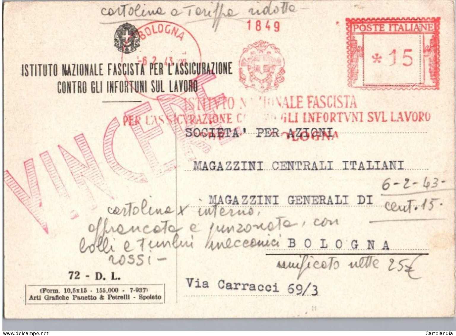 ITALIA 1943  -   Annullo Meccanico Rosso (EMA) Istituto  Nazionale Fascista Per L'assicurazione Contro Gli Infortuni - Maschinenstempel (EMA)