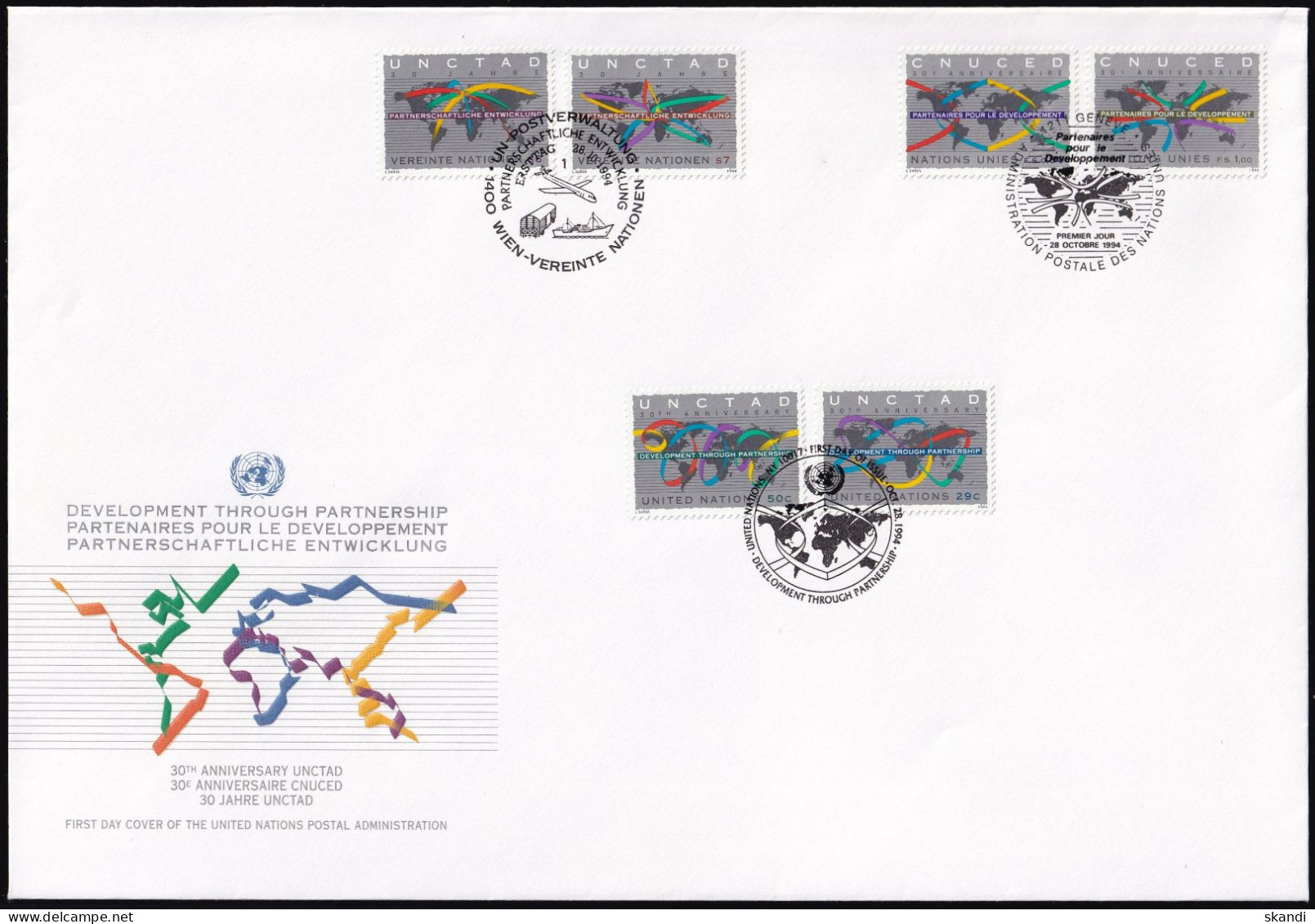 UNO NEW YORK - WIEN - GENF 1994 TRIO-FDC Partnerschaftliche Entwicklung - Gezamelijke Uitgaven New York/Genève/Wenen