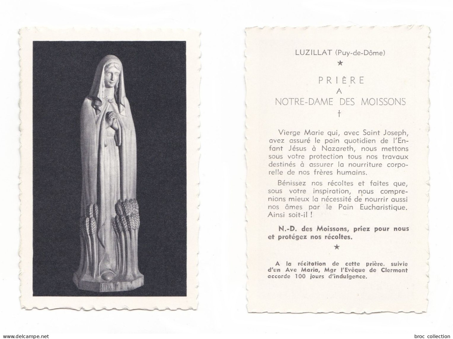 Prière à Notre-Dame Des Moissons Pour La Protection Des Récoltes, Luzillat, Indulgence - Santini