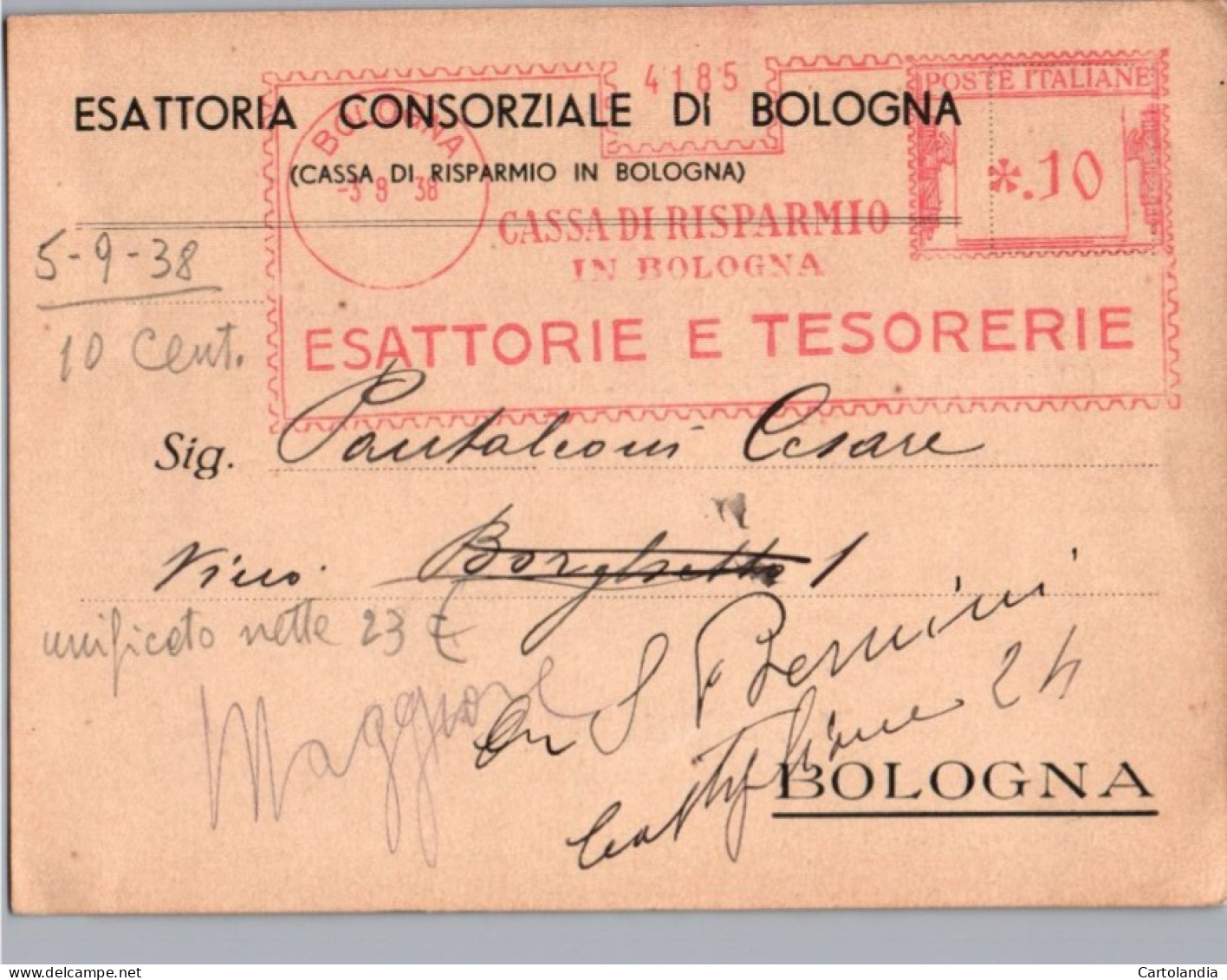 ITALIA 1938  -   Annullo Meccanico Rosso (EMA)cassa Di Risparmio In Bologna Esattoria E Tesoreria - Frankeermachines (EMA)