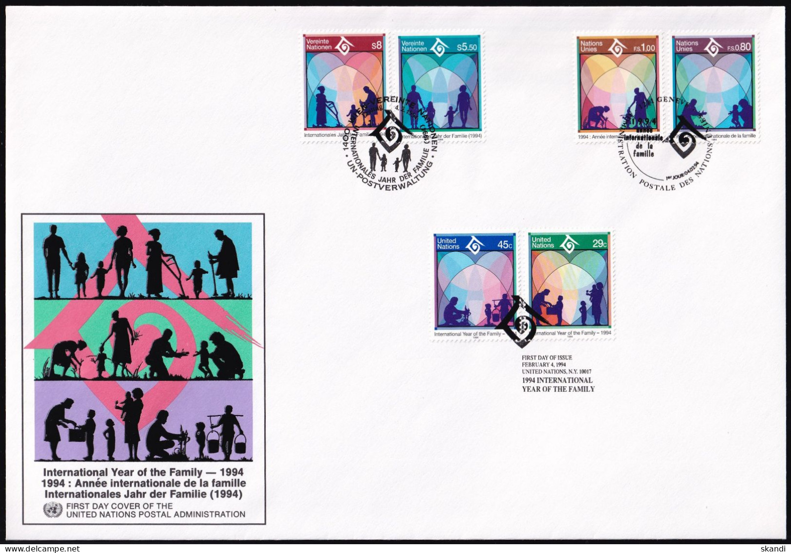 UNO NEW YORK - WIEN - GENF 1994 TRIO-FDC Jahr Der Familie - Gemeinschaftsausgaben New York/Genf/Wien
