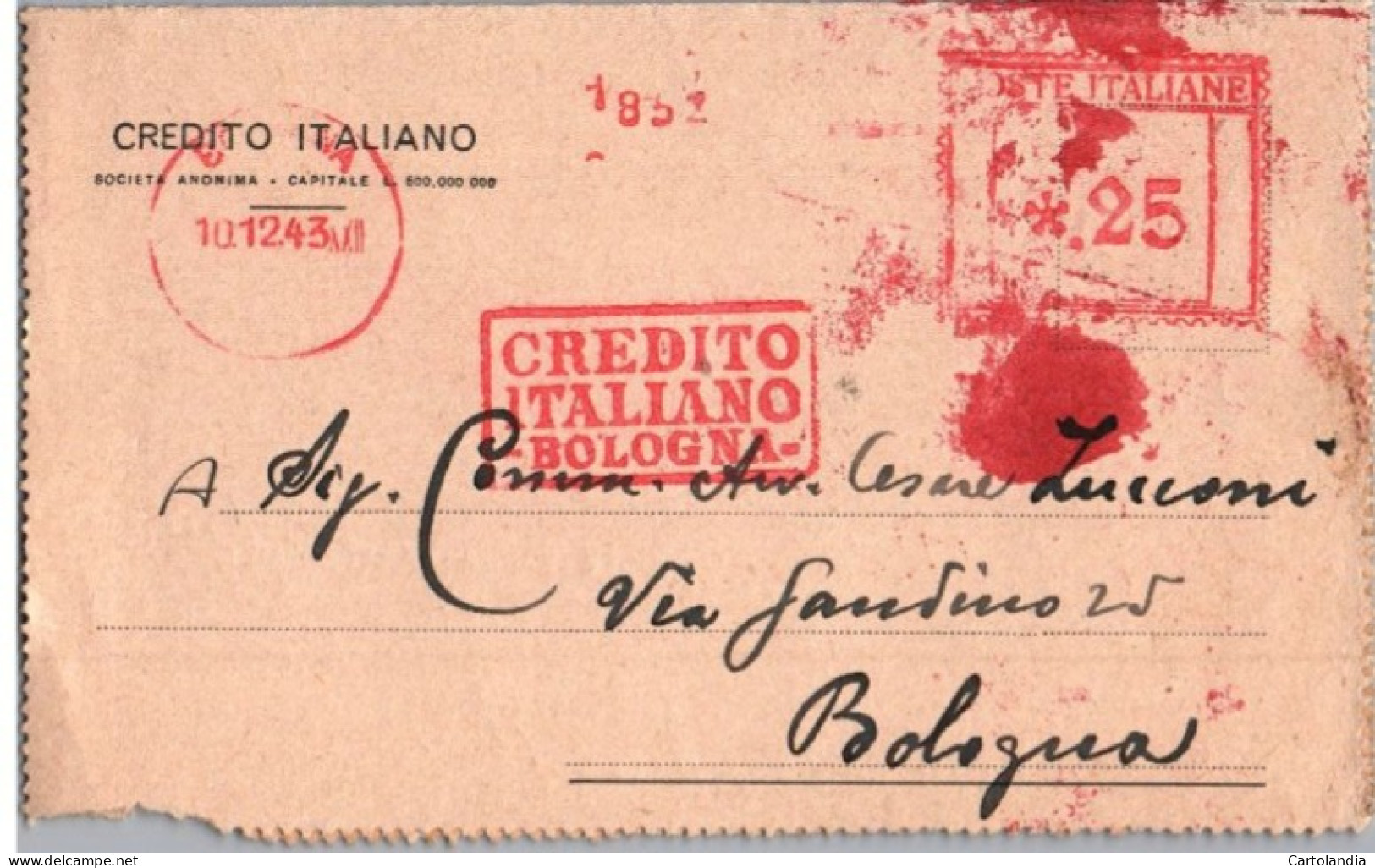 ITALIA 1943  -   Annullo Meccanico Rosso (EMA)  Credito Italiano Bologna - Frankeermachines (EMA)