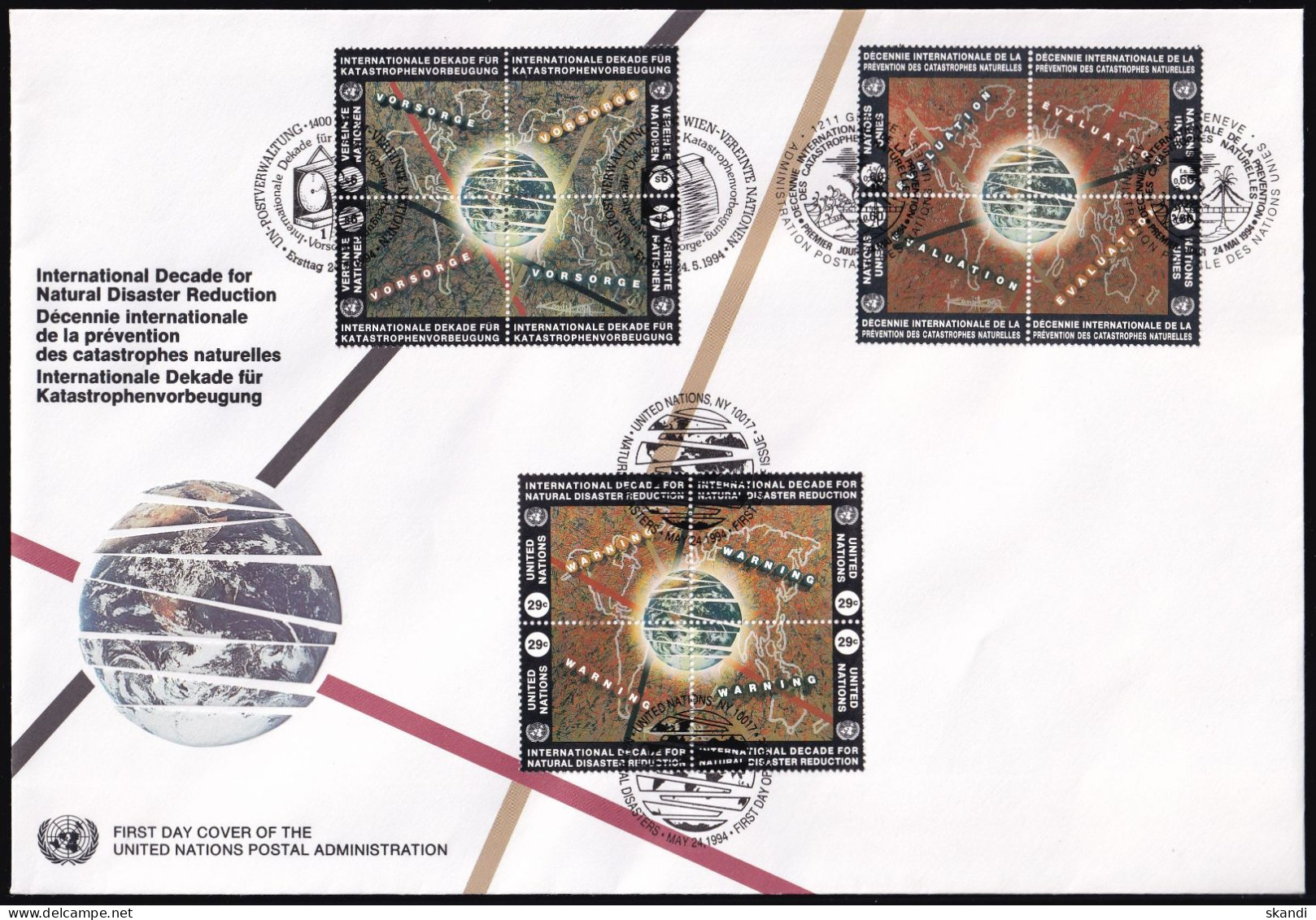 UNO NEW YORK - WIEN - GENF 1994 TRIO-FDC Katastrophenvorbeugung - Gemeinschaftsausgaben New York/Genf/Wien