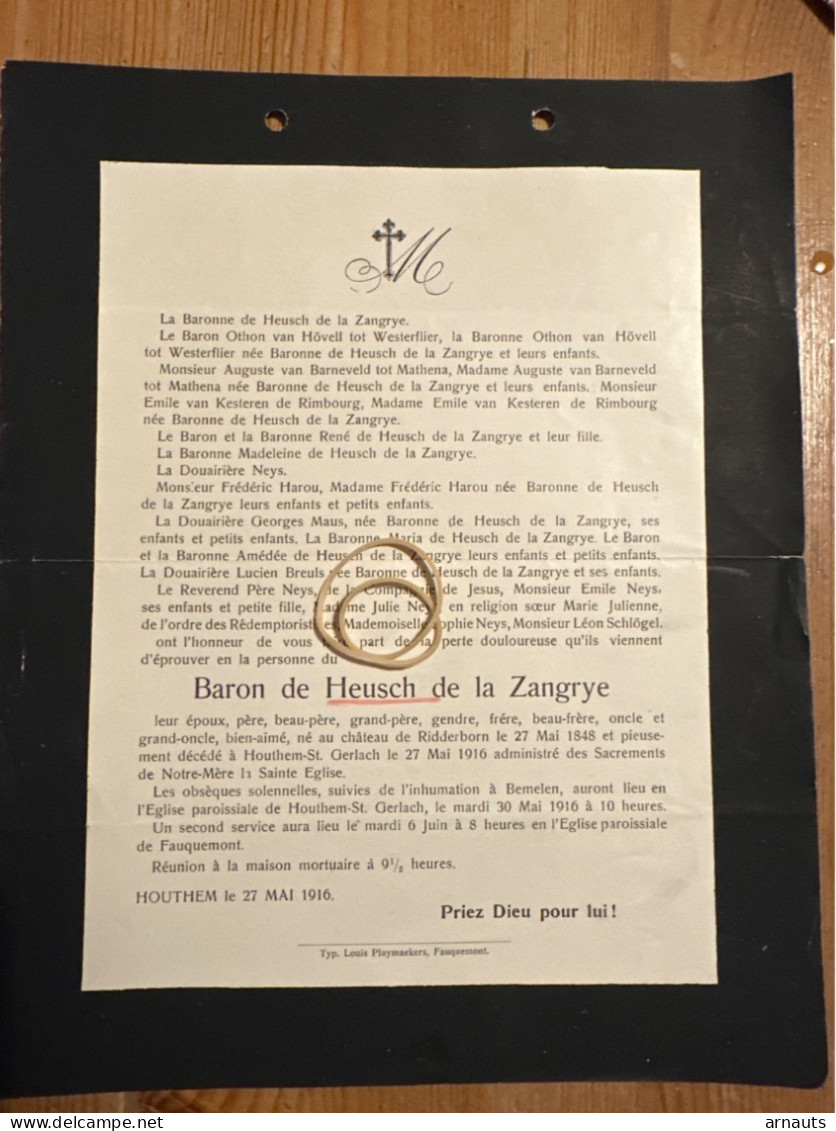 Baron De Heusch De La Zangrye *1848 Chateau De Ridderborn +1916 Houthem St Gerlach Fauquemont Van Barneveld Tot Mathena - Obituary Notices