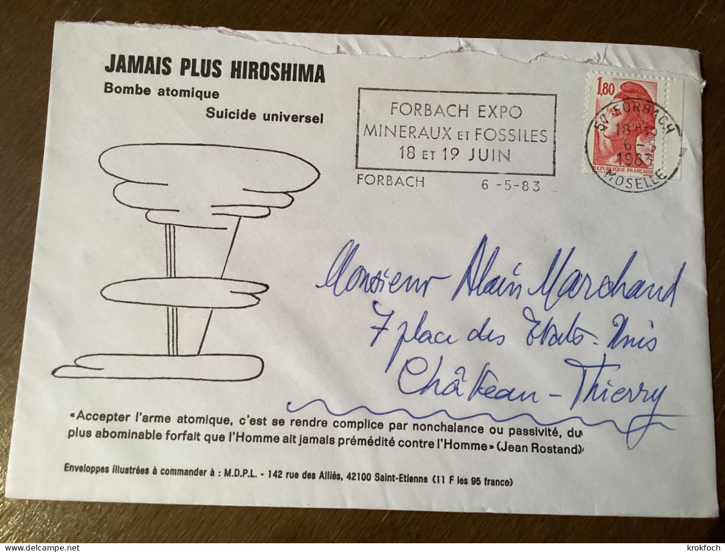 Forbach 1983 Expo Minéraux Et Fossiles - Env. Antiatomique Jamais Plus Hiroshima - Nucléaire - Mechanical Postmarks (Advertisement)