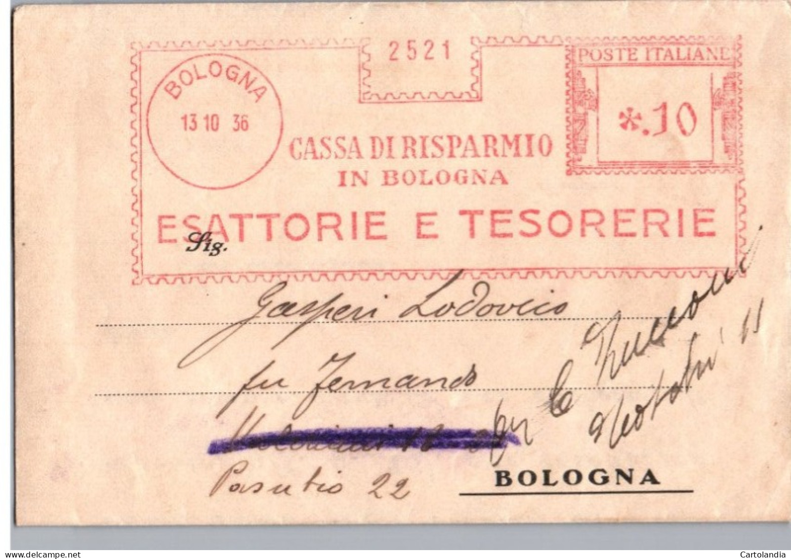 ITALIA 1936  -   Annullo Meccanico Rosso (EMA)  Cassa Di Risparmio In Bologna - Franking Machines (EMA)