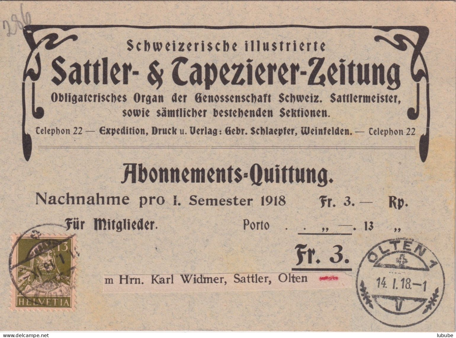 NN Karte  "Sattler- & Tapezierer-Zeitung, Weinfelden" - Olten        1918 - Briefe U. Dokumente