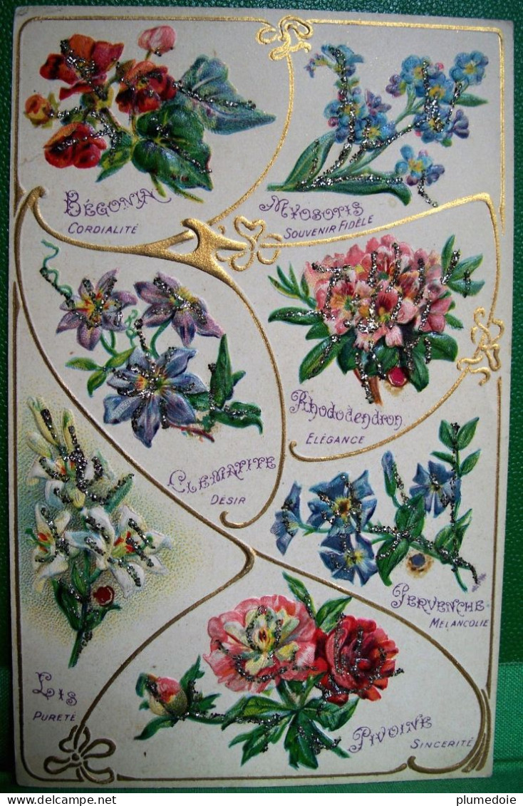 Cpa Gaufrée LANGAGE FLEURS , Paillettes, BEGONIA CLEMATITE RHODODENDRON LYS PIVOINE , FLOWERS LANGUAGE EMBOSSED OLD PC - Flowers