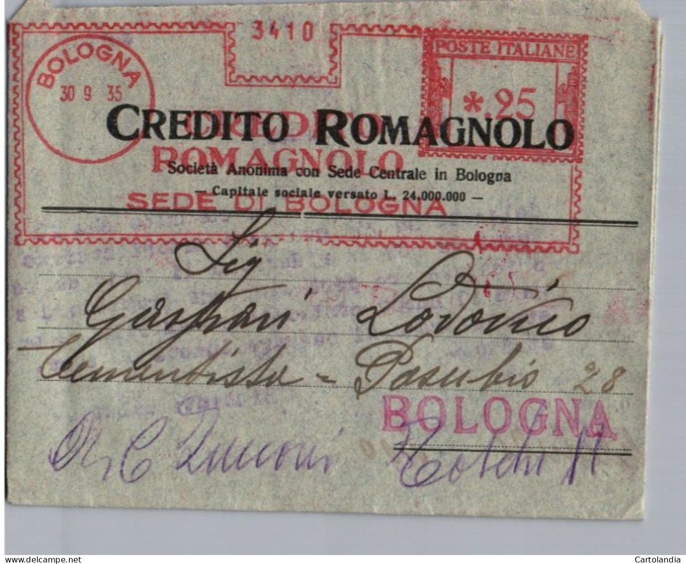 ITALIA 1935  -   Annullo Meccanico Rosso (EMA)  Credito Romagnolo Sede Di Bologna - Machines à Affranchir (EMA)