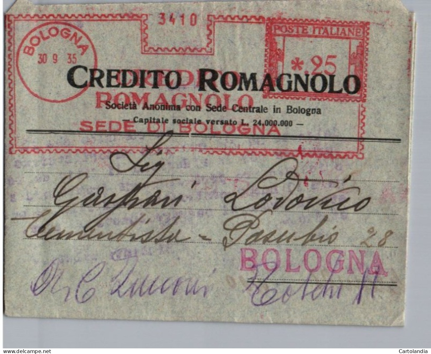 ITALIA 1935  -   Annullo Meccanico Rosso (EMA)  Credito Romagnolo Sede Di Bologna - Frankeermachines (EMA)