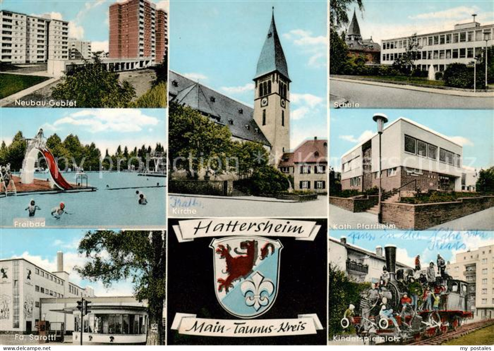 73860474 Hattersheim Main Neubaugebiet Freibad Firma Sarotti Kirche Schule Pfarr - Hattersheim