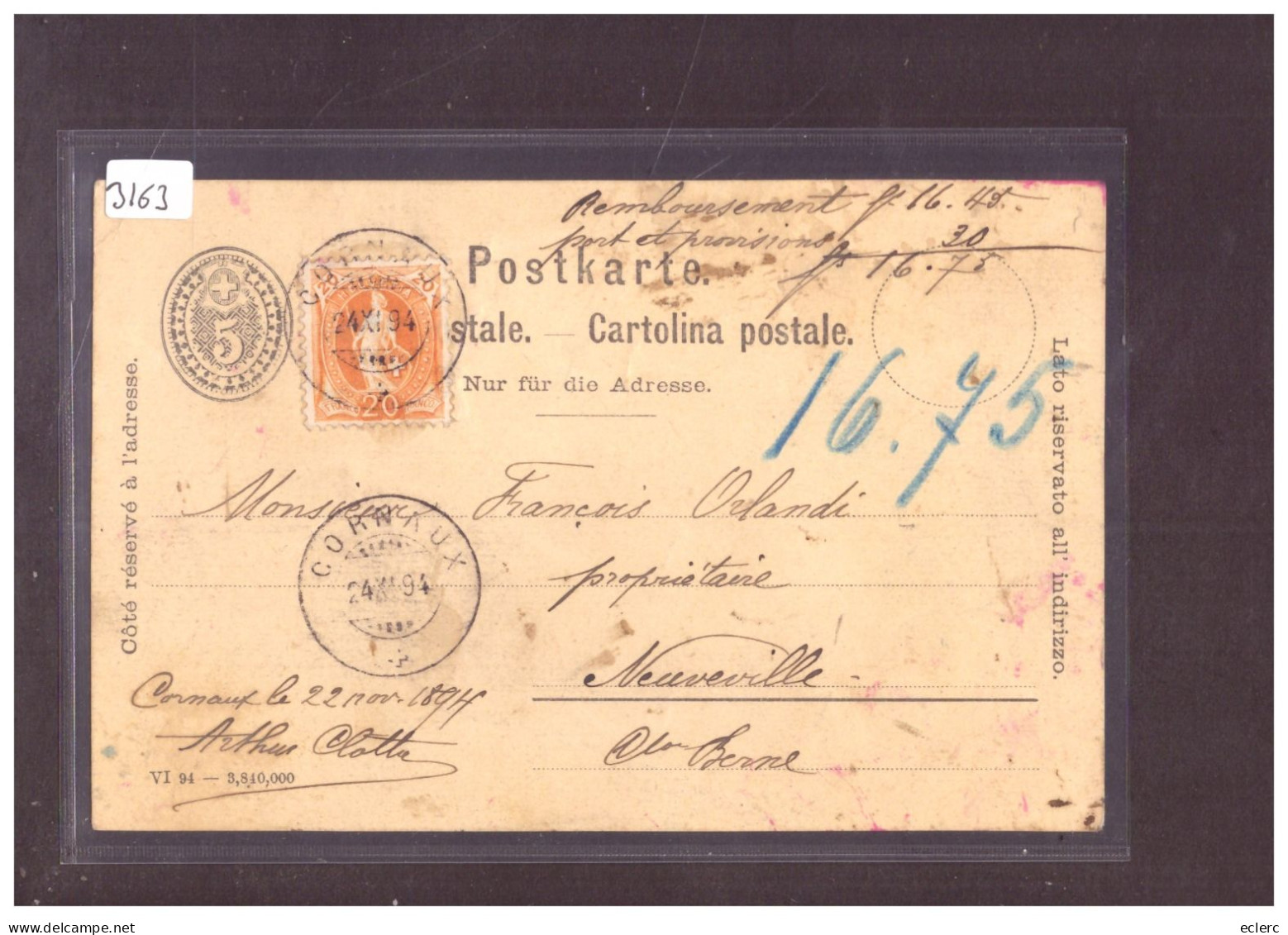 ENTIER POSTAL AVEC AFFRANCHISSEMENT COMPLEMENTAIRE Hv DEBOUT 20ct OBLITERE CORNAUX - Interi Postali