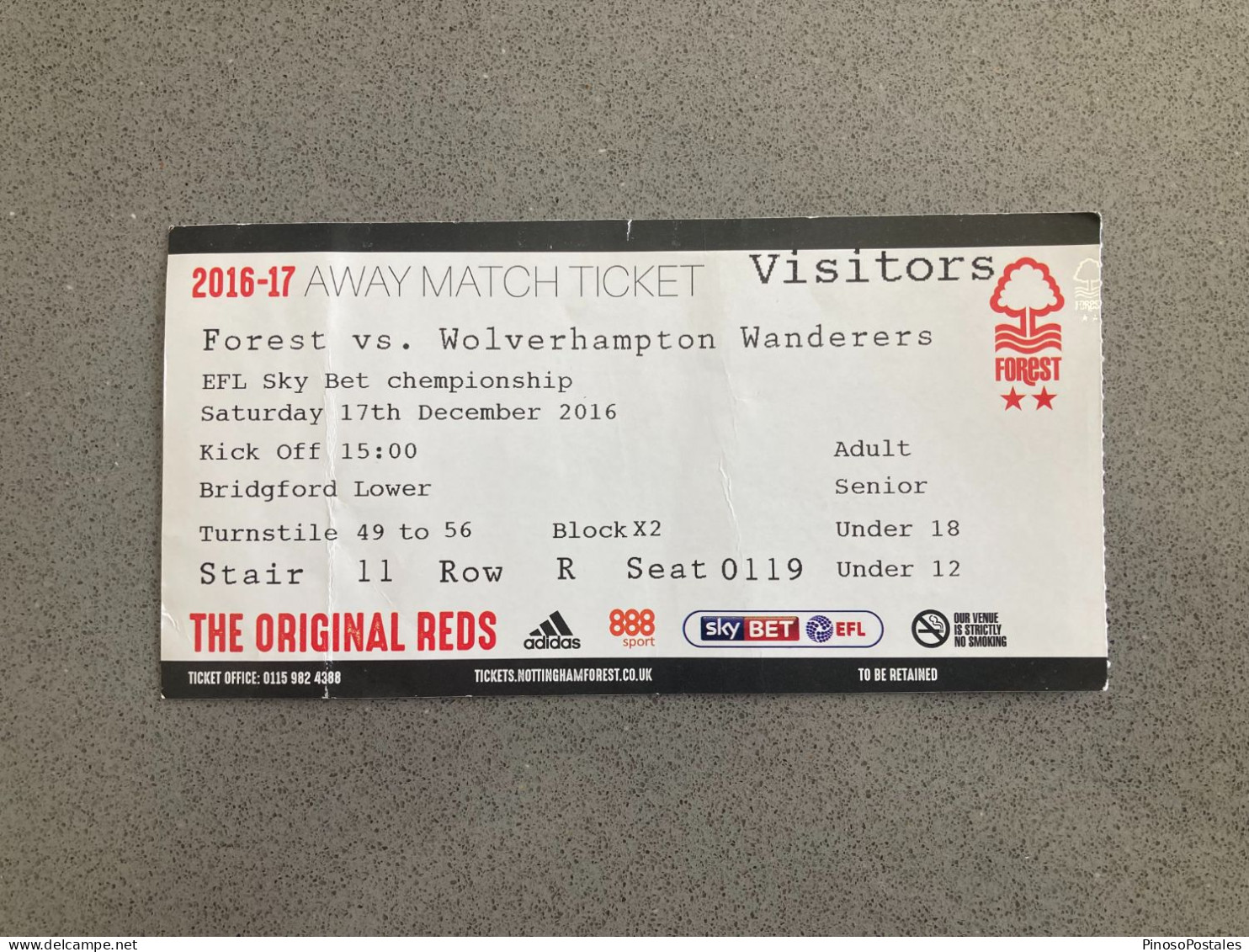 Nottingham Forest V Wolverhampton Wanderers 2016-17 Match Ticket - Match Tickets