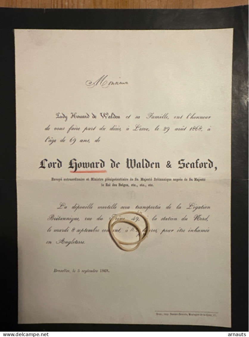 Lord Howard De Walden & Seaford *1799+1868 Lesve Bruxelles Envoye Ministre De Majeste Brittanique Aupres Roi Des Belges - Décès