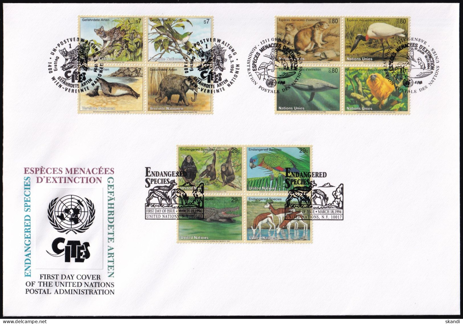 UNO NEW YORK - WIEN - GENF 1994 TRIO-FDC Gefährdete Arten - Gezamelijke Uitgaven New York/Genève/Wenen