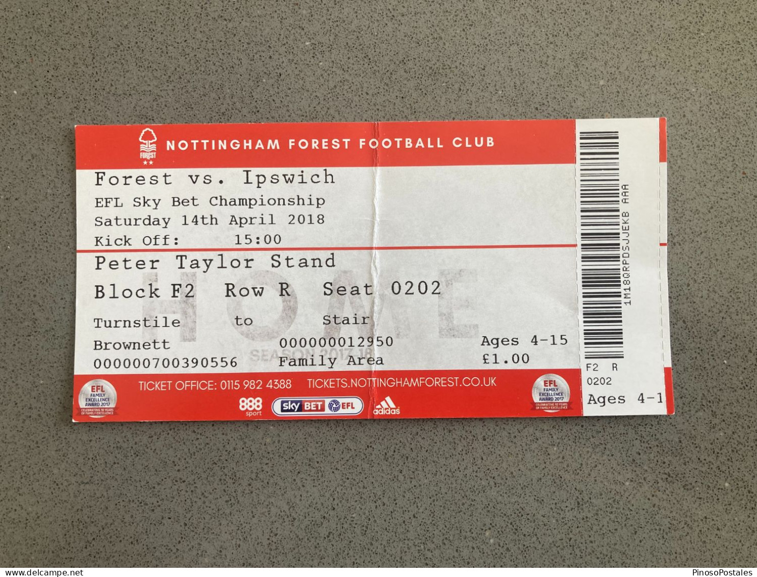 Nottingham Forest V Ipswich Town 2017-18 Match Ticket - Eintrittskarten