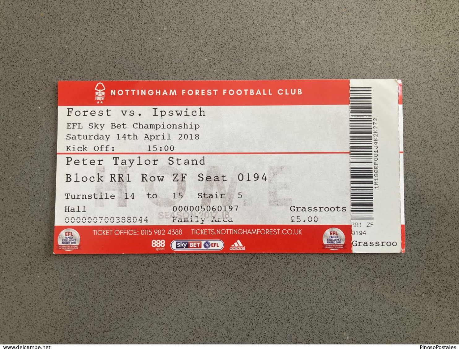 Nottingham Forest V Ipswich Town 2017-18 Match Ticket - Eintrittskarten