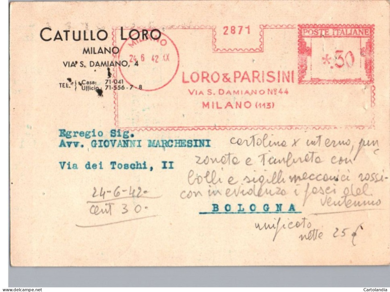ITALIA 1942   -   Annullo Meccanico Rosso (EMA) Loro & Parisini Milano - Frankeermachines (EMA)
