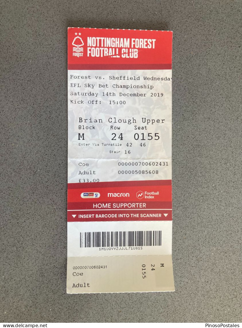 Nottingham Forest V Sheffield Wednesday 2019-20 Match Ticket - Match Tickets