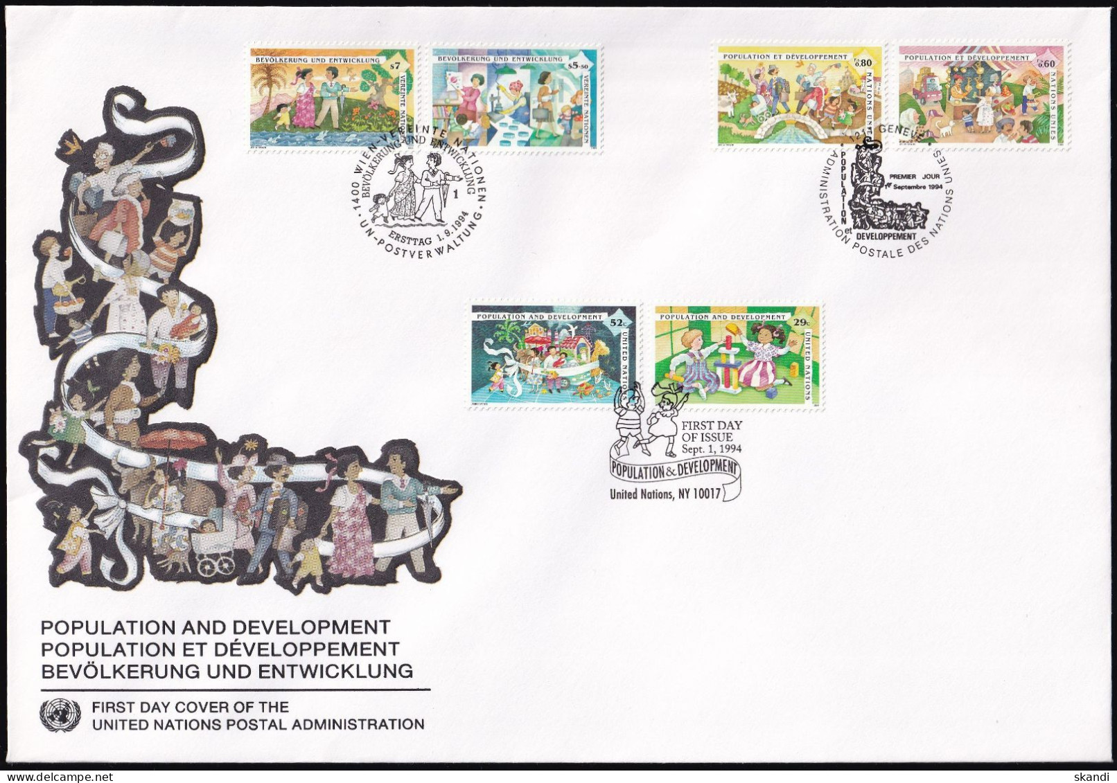 UNO NEW YORK - WIEN - GENF 1994 TRIO-FDC Bevölkerung Und Entwicklung - Gezamelijke Uitgaven New York/Genève/Wenen