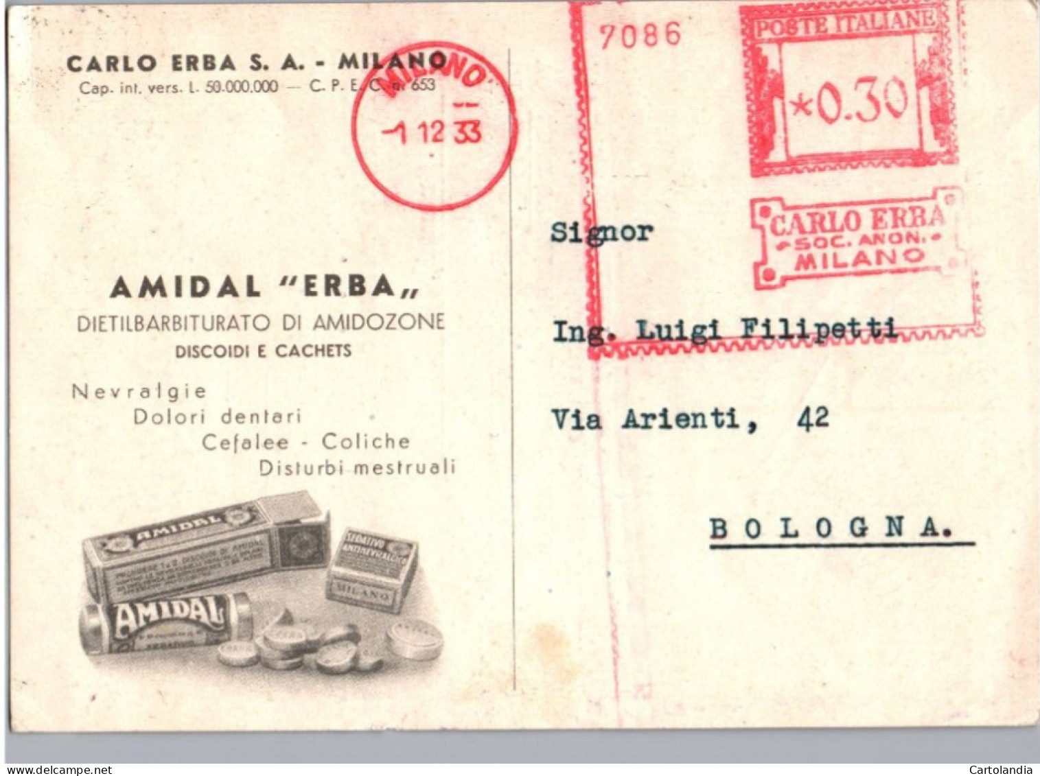 ITALIA 1933   -   Annullo Meccanico Rosso (EMA)    Carlo Erba Società Anonima Milano - Frankeermachines (EMA)