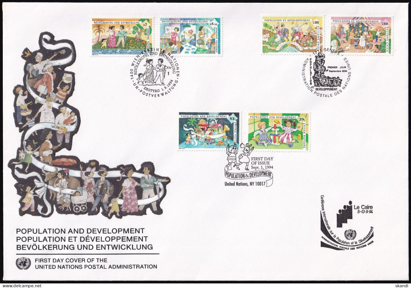 UNO NEW YORK - WIEN - GENF 1994 TRIO-FDC Bevölkerung Und Entwicklung - Gemeinschaftsausgaben New York/Genf/Wien