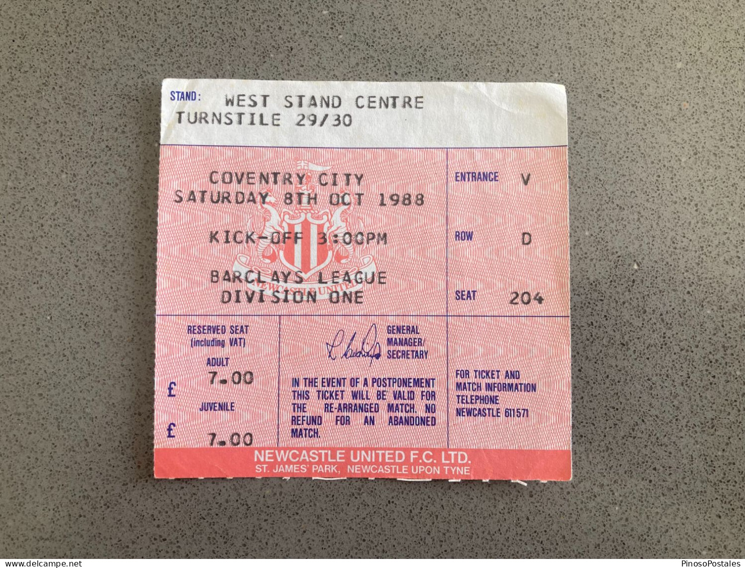 Newcastle United V Coventry City 1988-89 Match Ticket - Eintrittskarten