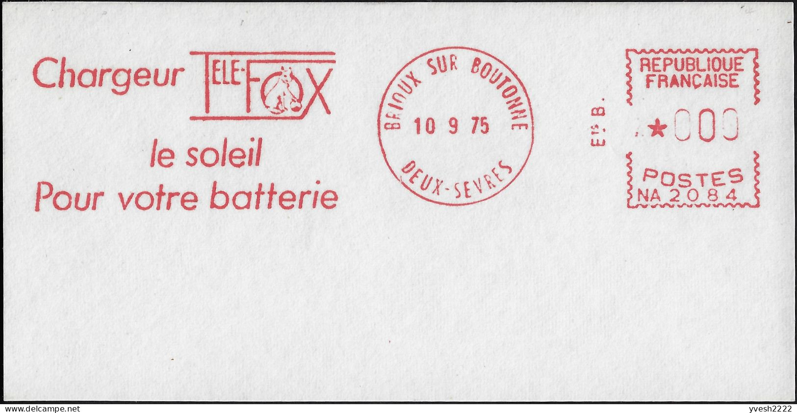 France 1975. Épreuve D'EMA SECAP (sans Spécimen). Chargeur Téléfox, Le Soleil Pour Votre Batterie - Electricidad