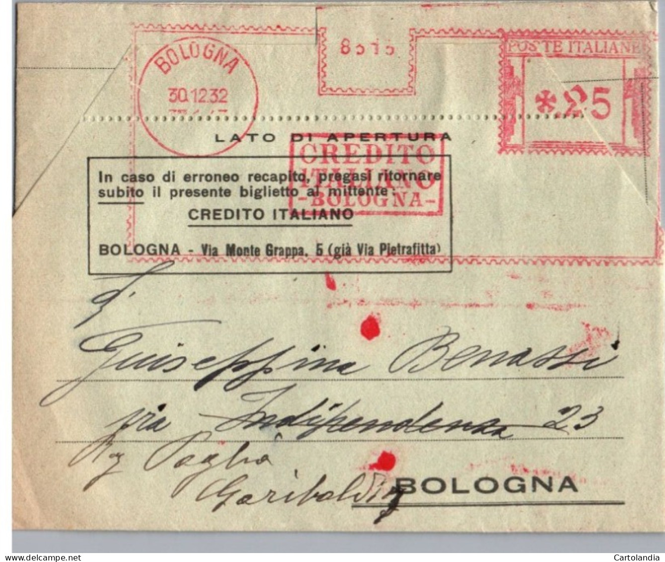 ITALIA 1932   -   Annullo Meccanico Rosso (EMA)  Credito Italiano Bologna - Maschinenstempel (EMA)