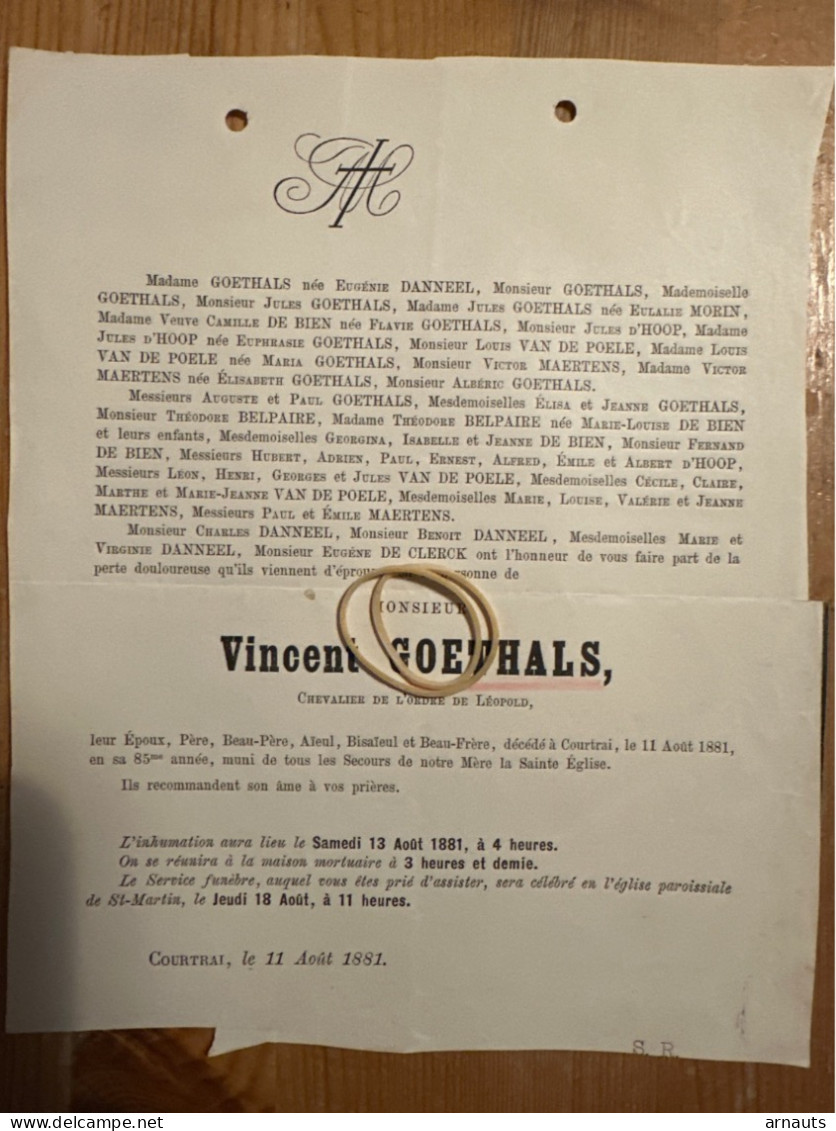 Monsieur Vincent Goethals *1796+1881 Courtrai Danneel Morin De Bien Belpaire Van De Poele Maertens Morin Maertens - Obituary Notices