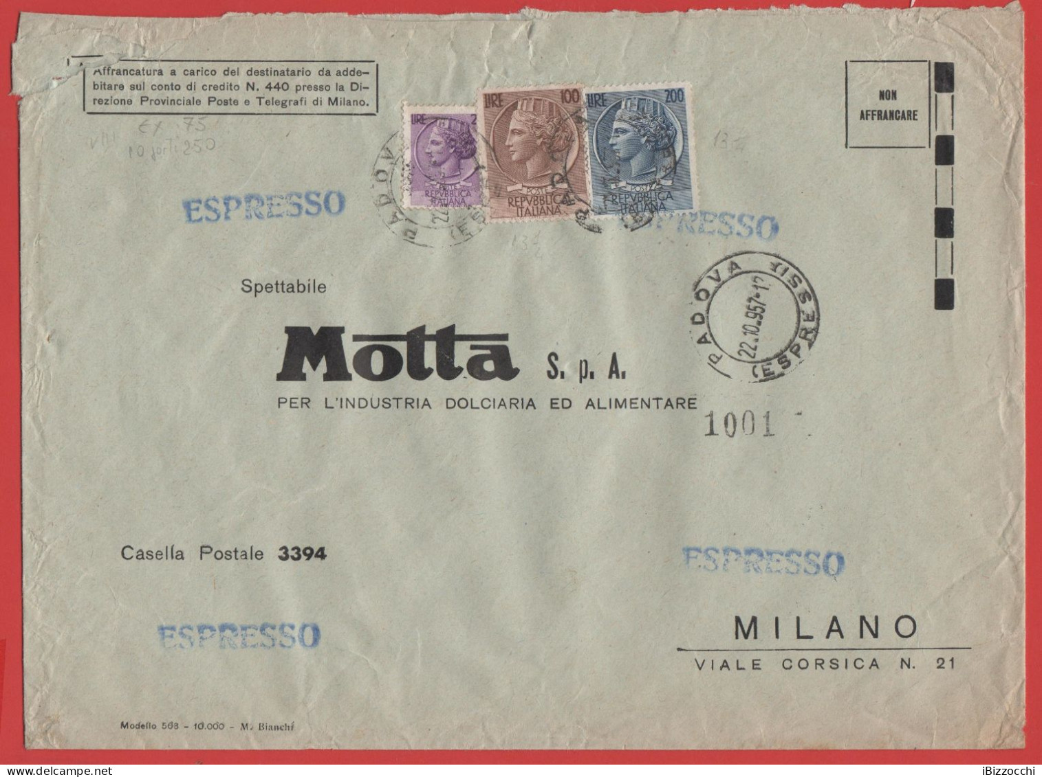 ITALIA - Storia Postale Repubblica - 1957 - 200 Antica Moneta Siracusana + 25 Antica Moneta Siracusana + 100 Antica Mone - 1946-60: Poststempel