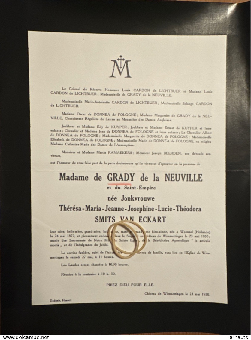 De Grady De La Neuville Nee Jonkvrouwe Smits Van Eckart *1872 Woensel Hollande +1950 Chateau Wimmertingen Hasselt Cardon - Todesanzeige