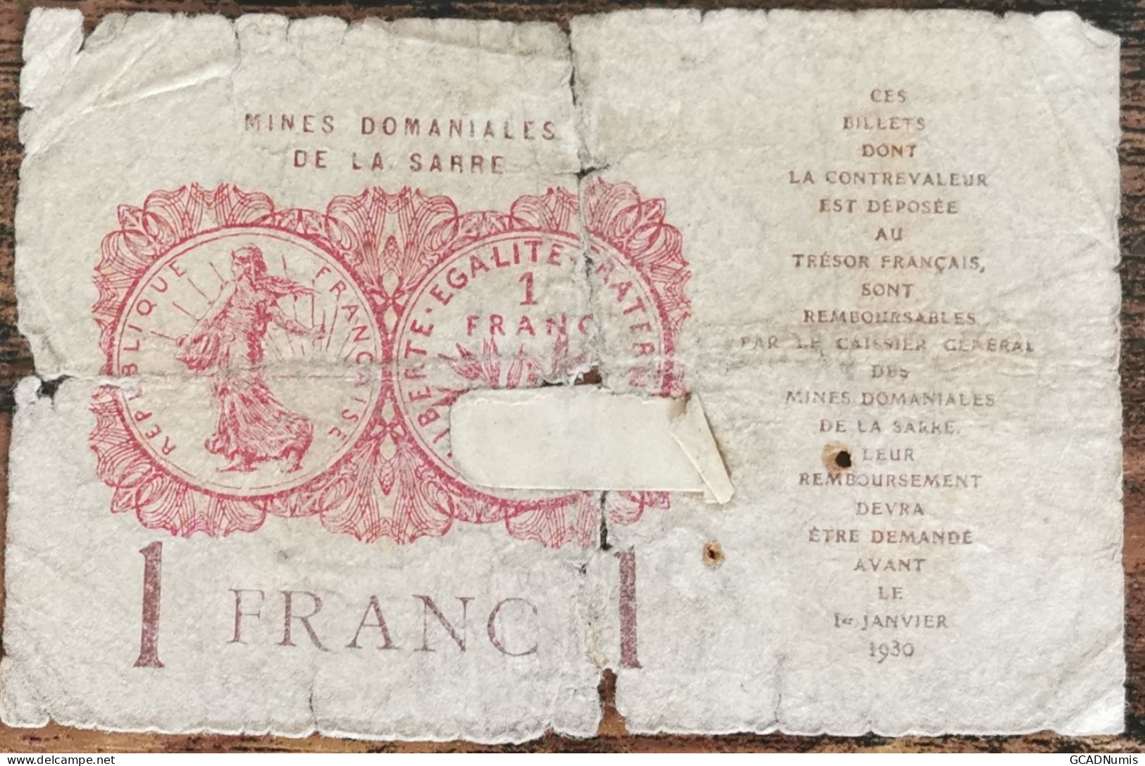 Billet De 1 Franc MINES DOMANIALES DE LA SARRE état Français A 763734  Cf Photos - 1947 Sarre