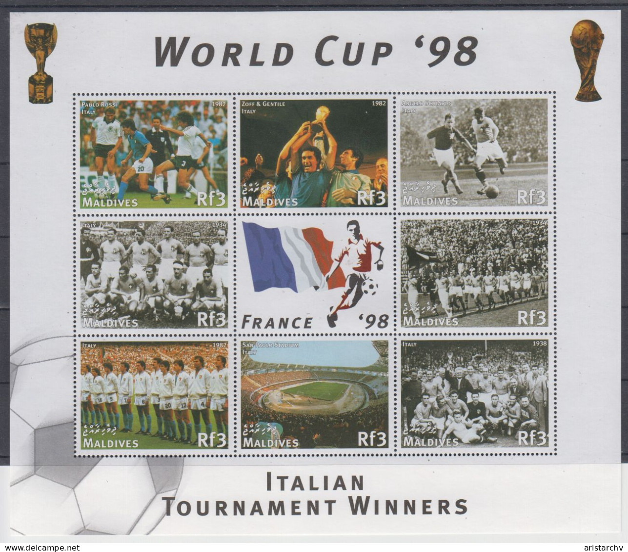 MALDIVES 1998 FOOTBALL WORLD CUP 3 S/SHEETS 3 SHEETLETS AND 6 STAMPS - 1998 – France