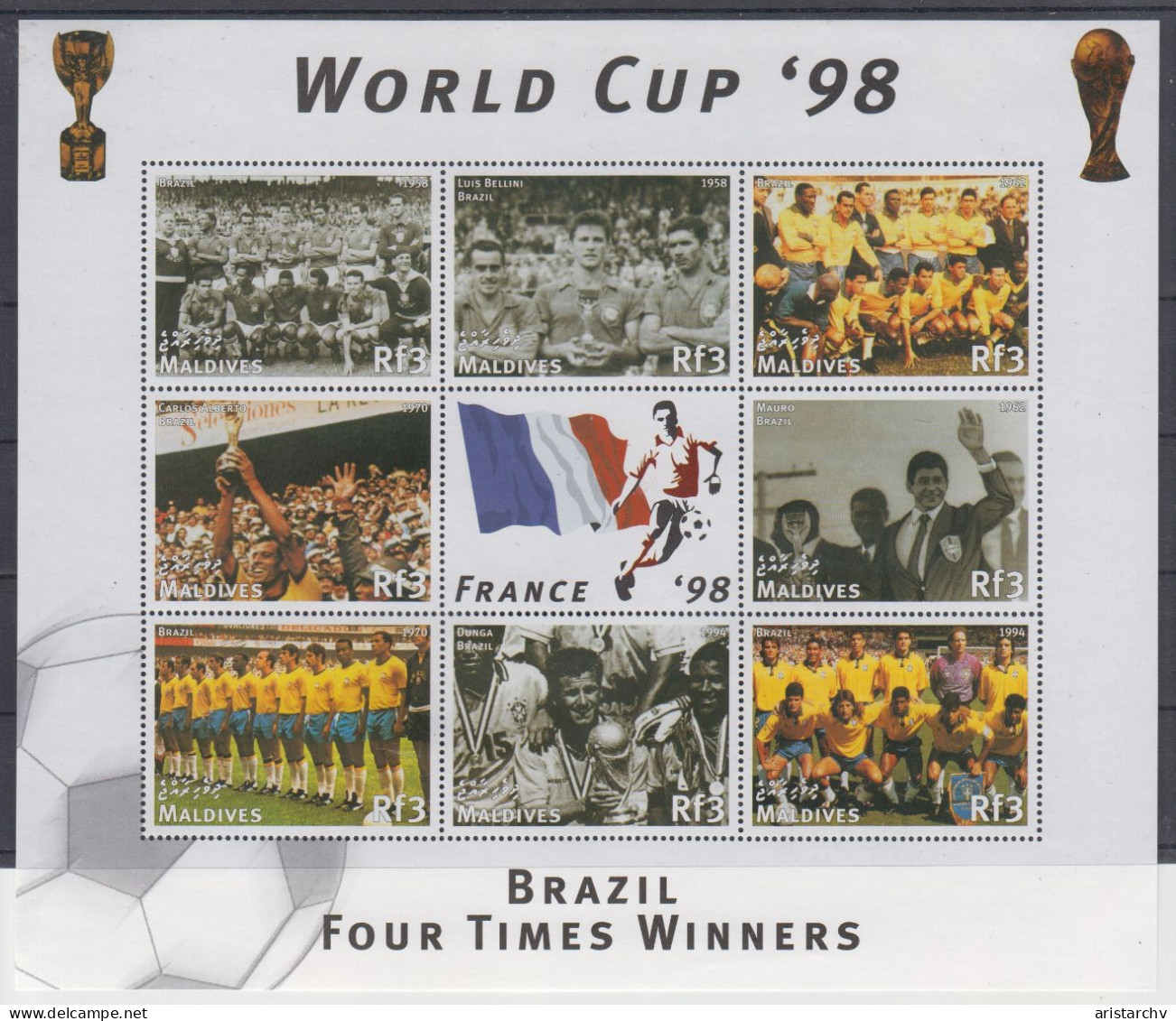 MALDIVES 1998 FOOTBALL WORLD CUP 3 S/SHEETS 3 SHEETLETS AND 6 STAMPS - 1998 – Frankrijk