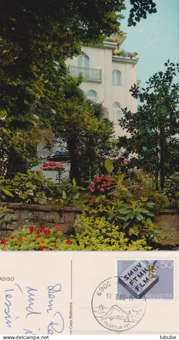 AK  "Lugano Paradiso - Albergo Hurni"  (Lugano Filatelia PTT)        1988 - Storia Postale
