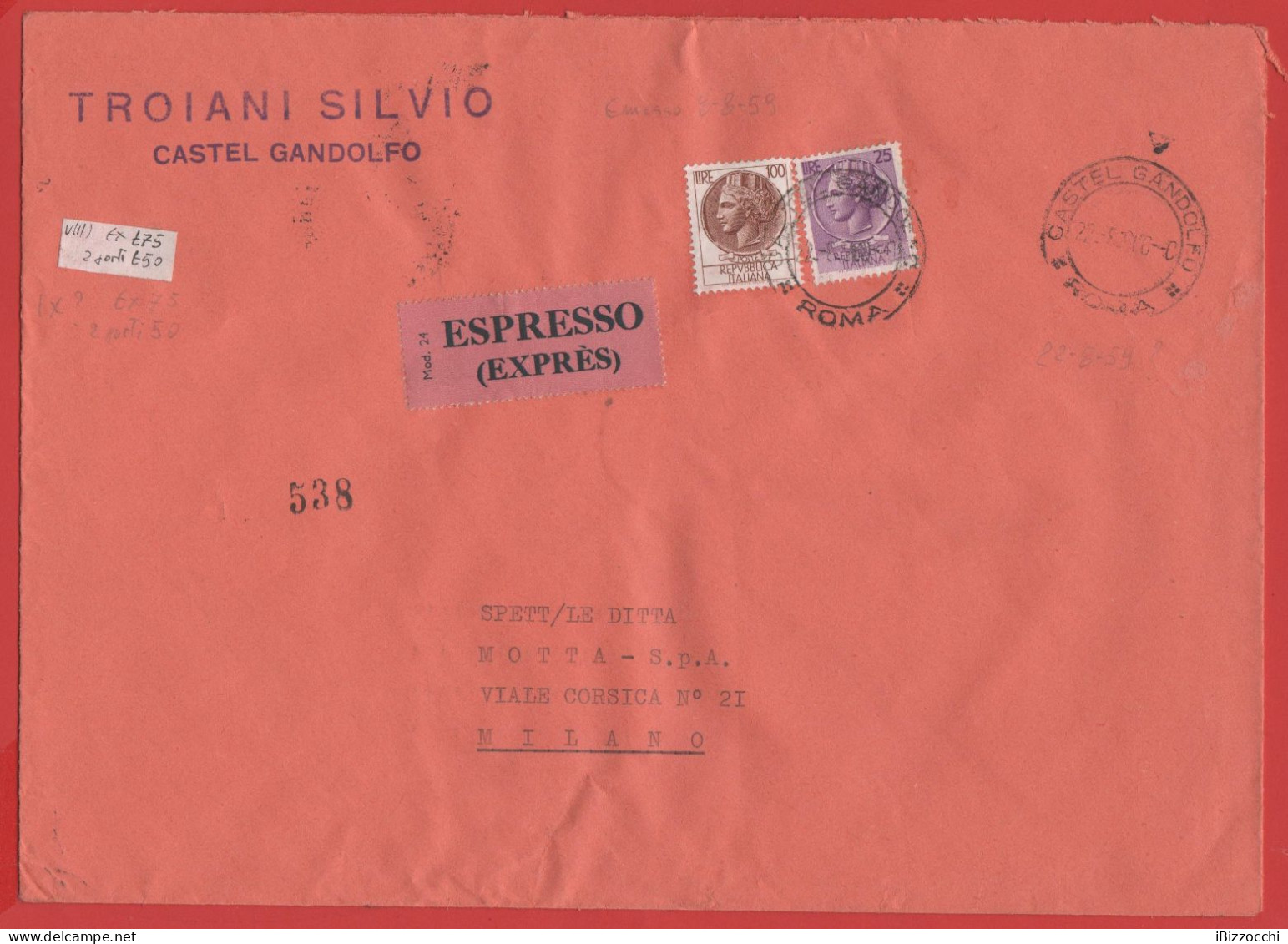 ITALIA - Storia Postale Repubblica - 1959 - 100 Antica Moneta Siracusana + 2x 25 Antica Moneta Siracusana - ESPRESSO - B - 1946-60: Marcofilie