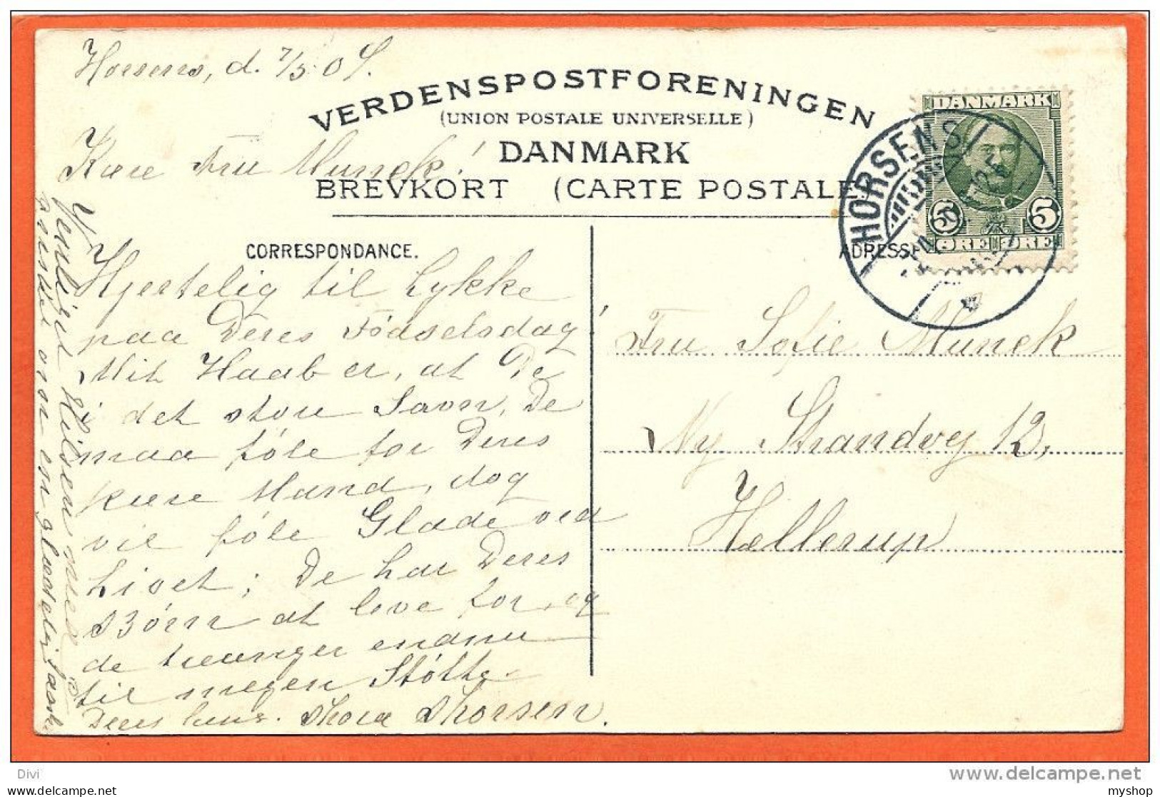 DK129_*  HORSENS * CAROLINE AMALIE LUND * SENT 1909 - Danemark