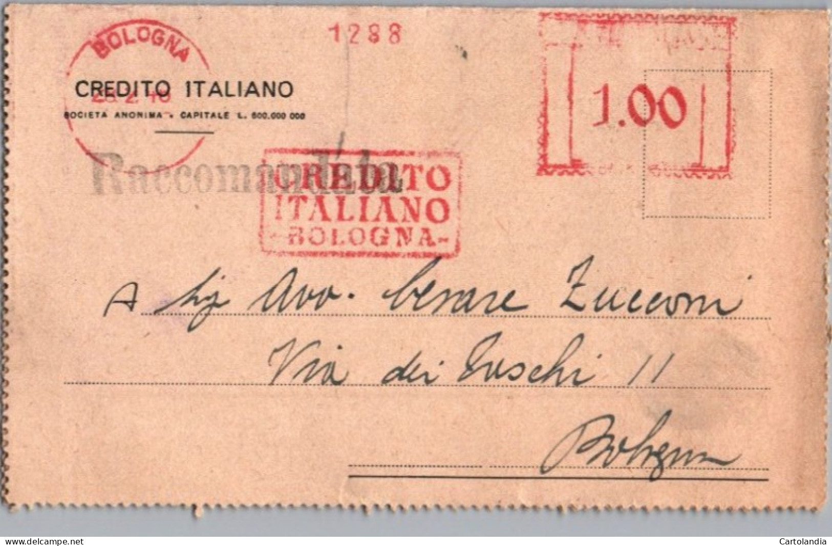 ITALIA 1946   -   Annullo Meccanico Rosso (EMA) Credito Italiano Bologna - Frankeermachines (EMA)