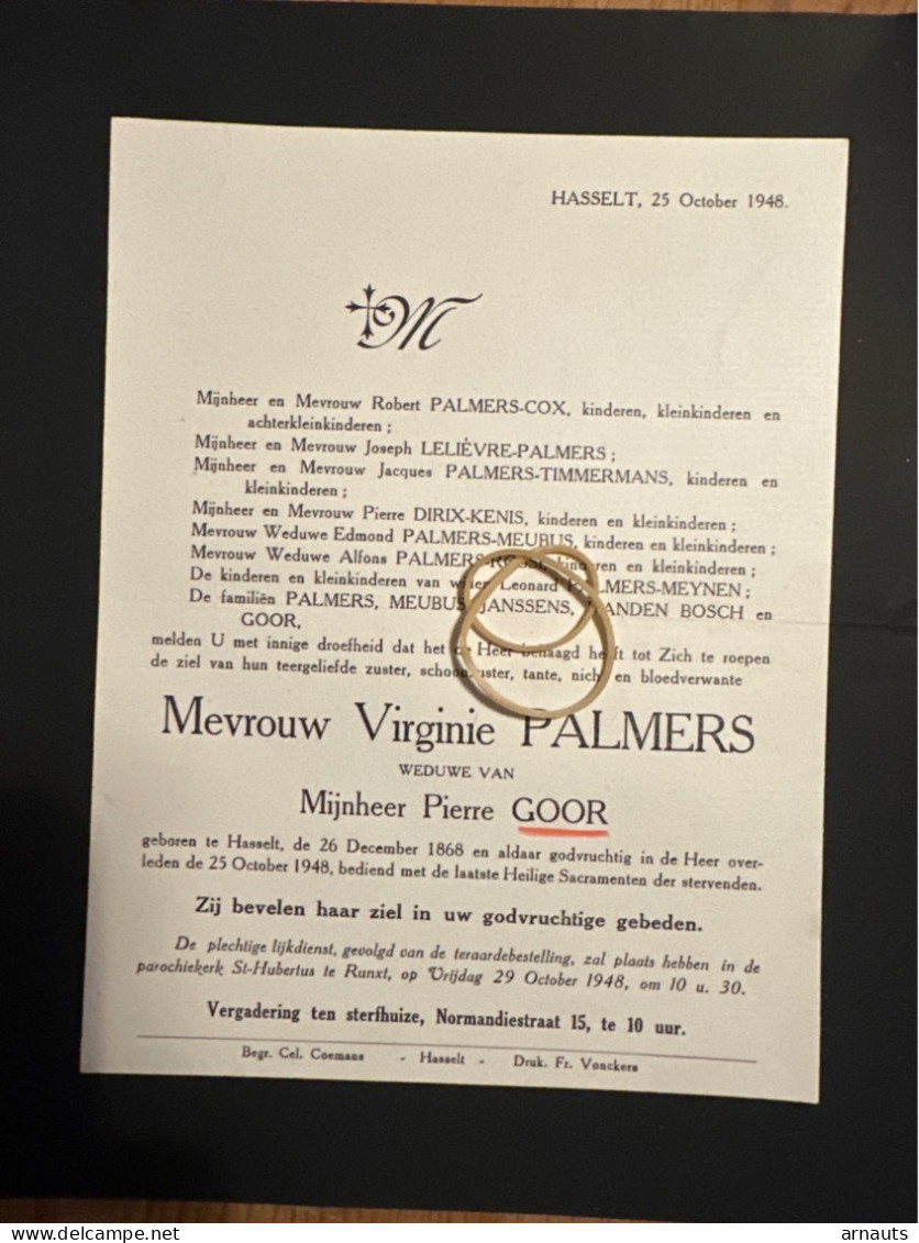 Mevr Virginie Palmers Wed Goor Pierre *1868 Hasselt +1948 Hasselt Runkst Cox Lelievre Dirix Rossi Meubus Kenis - Obituary Notices