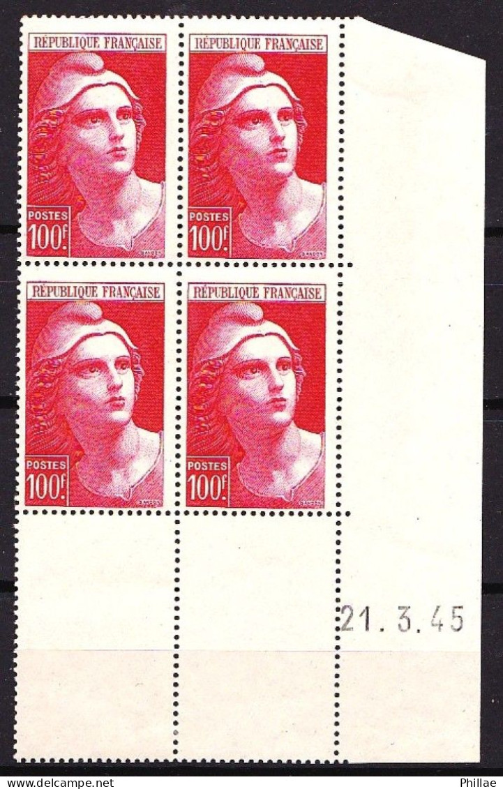 733 - 100F Carmin Gandon - Bloc De 4 CDF Daté 21.3.45 - Neuf N** (gomme Vieillie, Légèrement Perturbée) - 1945-54 Marianne Of Gandon